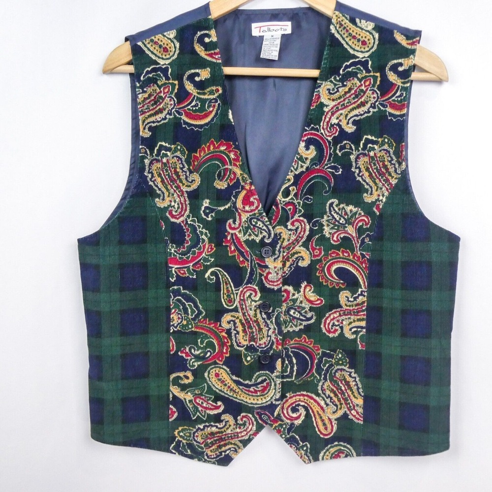 Talbots Vest Womens M Vintage 90s Green Blue Plaid Paisley Corduroy Waistcoat
